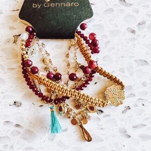 G by Gennaro Women's Maroon and Gold Beaded and Chain Bracelets Set of 5 NEW
